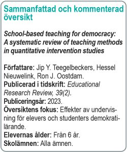 Sammanfattad och kommenterad översikt School-based teaching for democracy: ­A systematic review of teaching methods in quantitative intervention studies Författare: Jip Y. Teegelbeckers, Hessel Nieuwelink, Ron J. Oostdam. Publicerad i tidsskrift: Educational Research Review, 39(2). Publiceringsår: 2023. Översiktens fokus: Effekter av undervisning för elevers och studenters demokrati­­-lärande. Elevernas ålder: Från 6 år. Skolämnen: Alla ämnen.